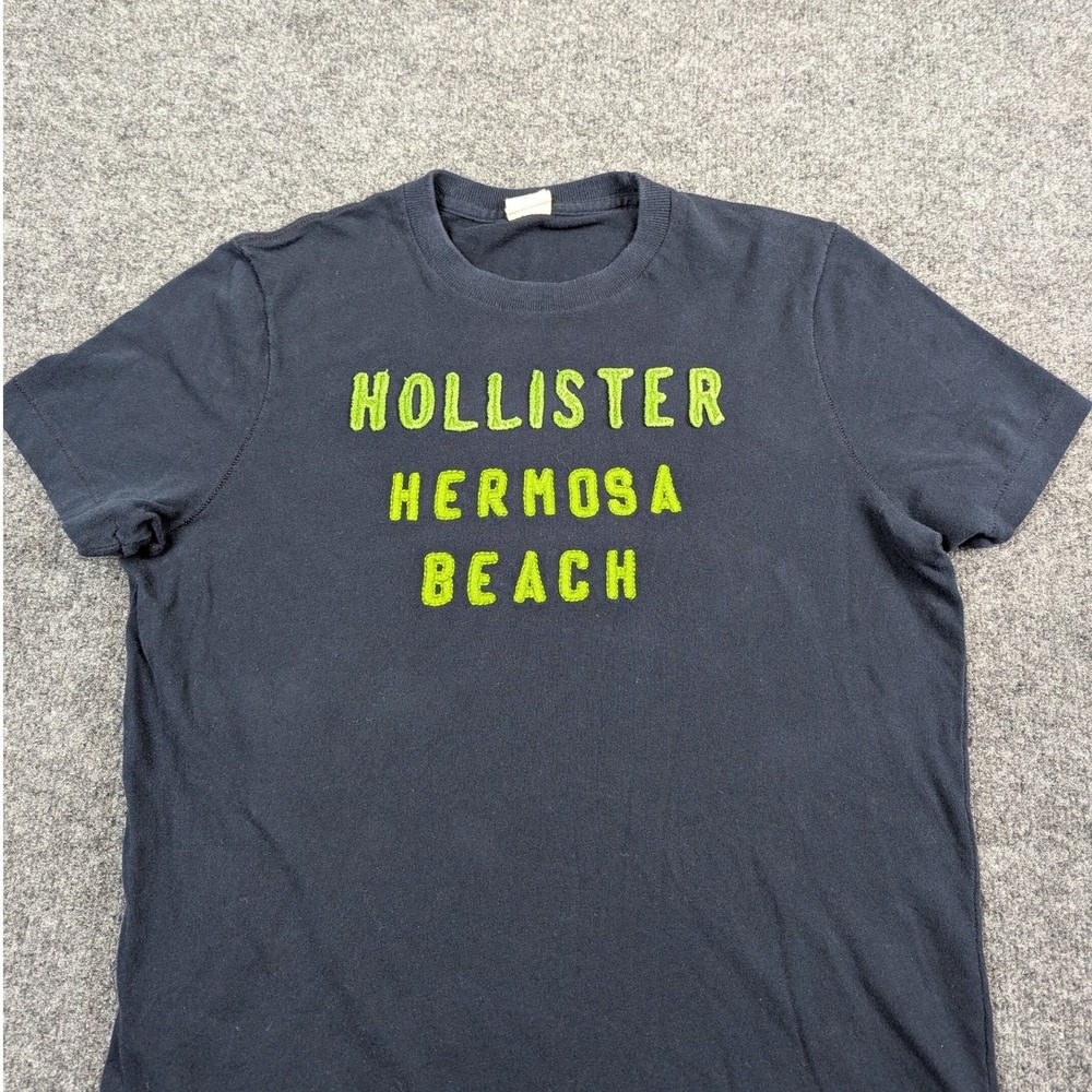 Hollister Hermosa Beach Graphic T-Shirt Navy Blue‎ Lime Green Chenille Large